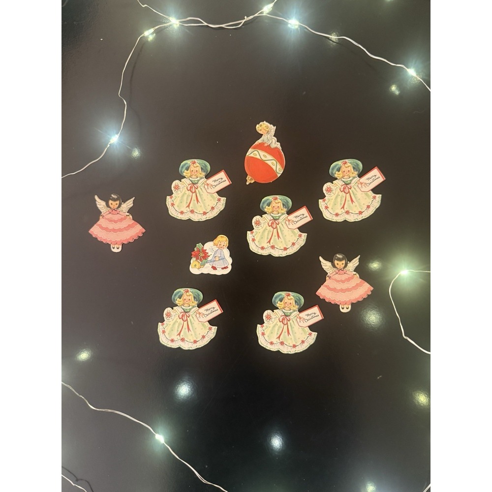 9 Vtg. 1950s Christmas Seals Gummed Stickers Christmas Angel, Christmas Girl